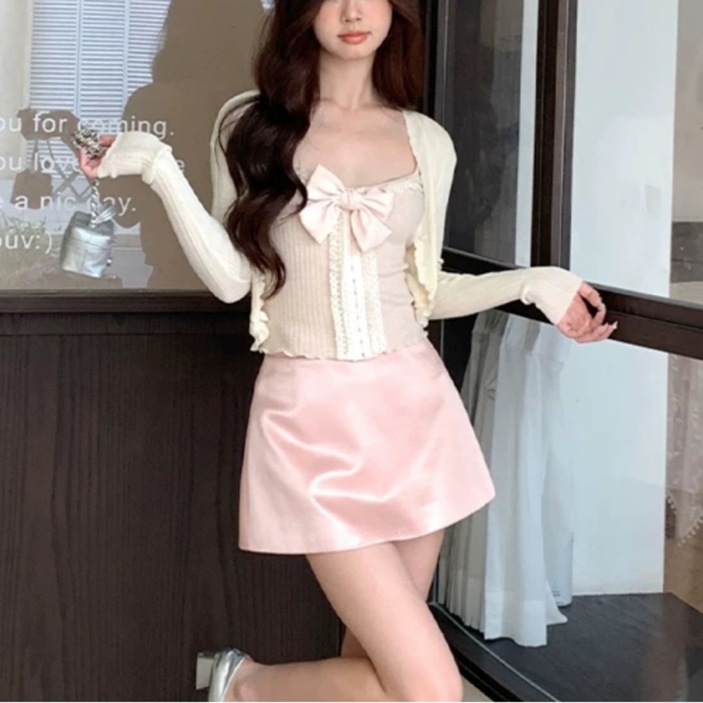 Japanese Kawaii Style Silky Satin Pastel Pink A-line Y2K Mini Skirt Skort